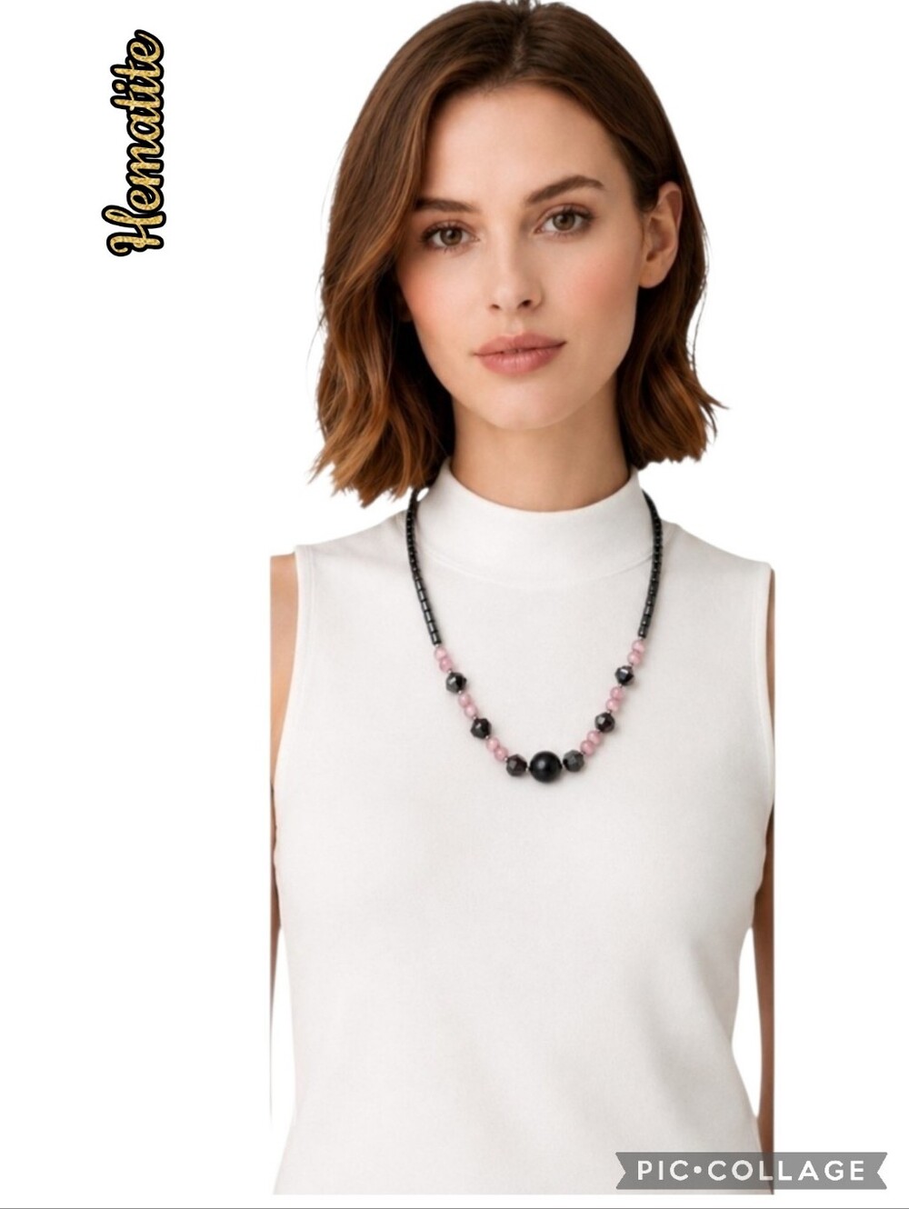 Hematite pink/black bead necklace with silver-tone accents, screw turn closure